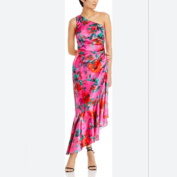 Eliza J  Floral Satin Asymmetric-Hem Midi Dress - Picture 4 of 11